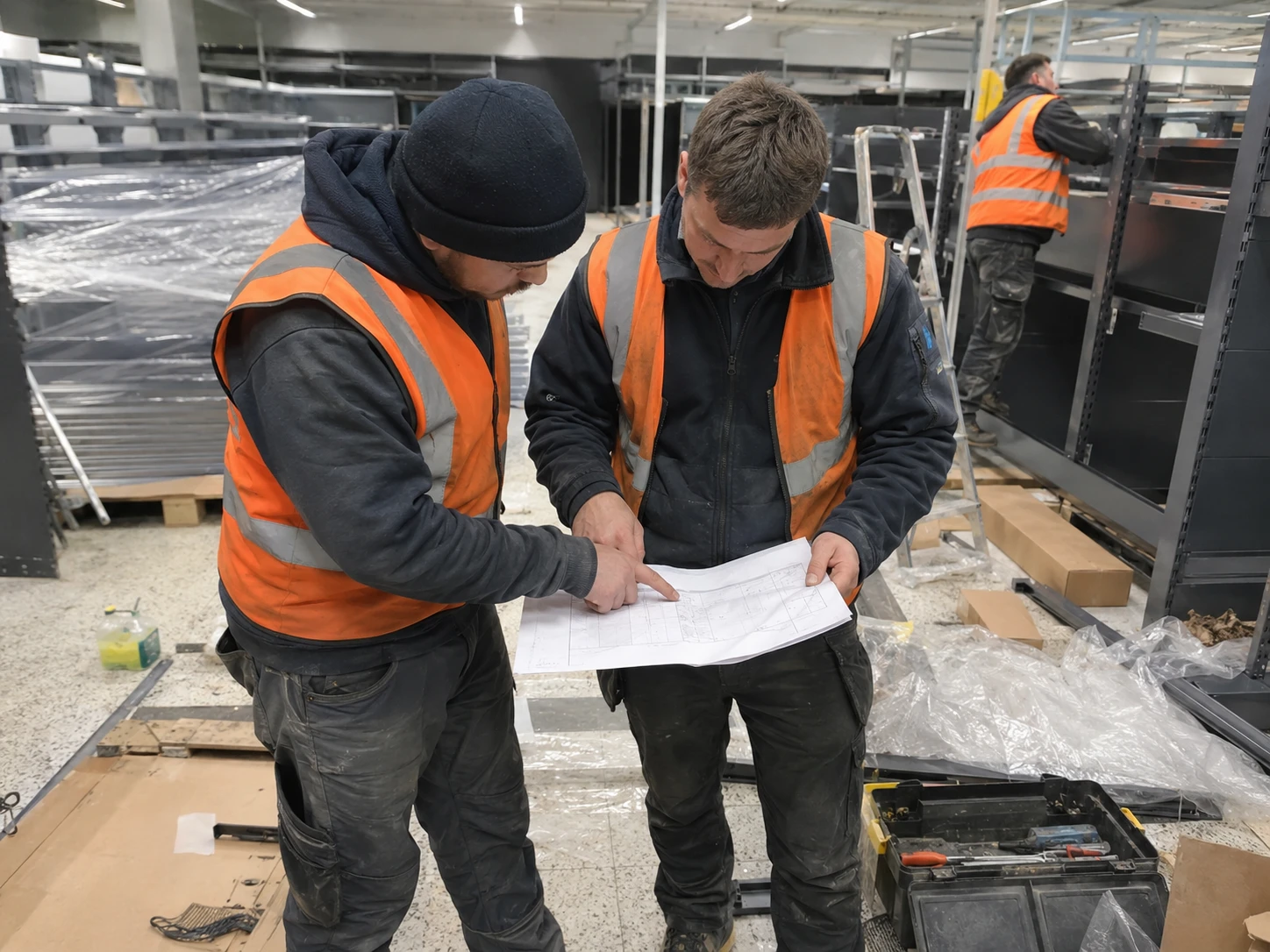 Monteure prüfen einen Bauplan auf der Baustelle